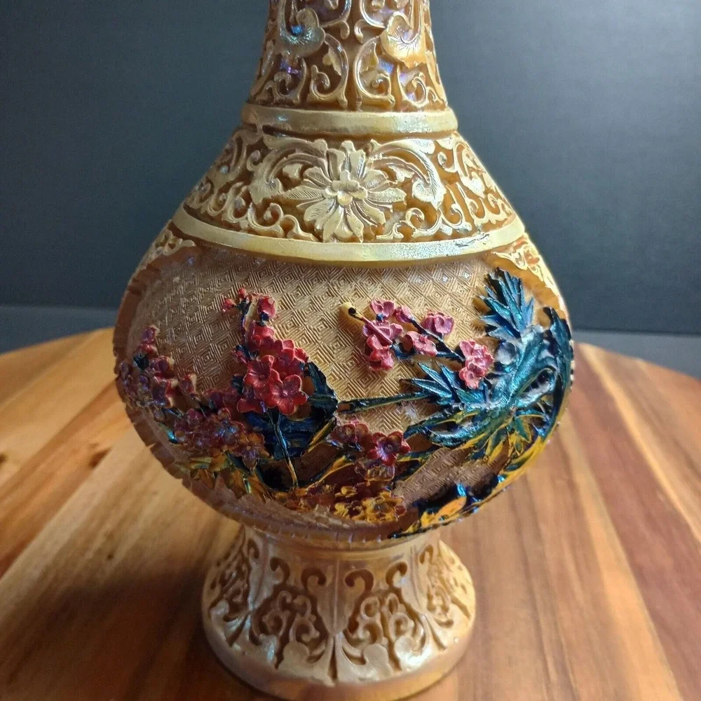 Vintage Antique Carved Resin Vase Asian Japanese Chinese Satsuma Style 12